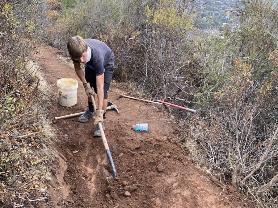 Carl Bussiek, a sophomore, works to restore a forgotten trail at the Carlmont Jumps.