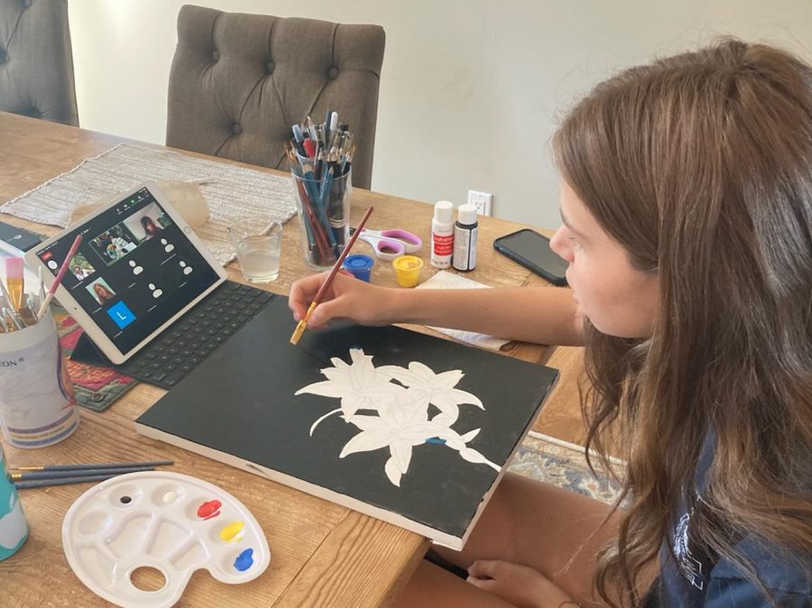 Savannah Meadow, a junior at Design Tech High School, takes a virtual art class. 
