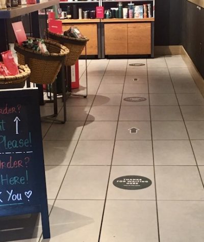 Starbucks implements social distancing guidelines in response to COVID-19.