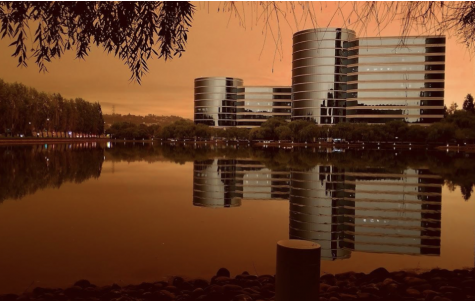 On Sept. 10, the sepia tint caused by the active California wild fires reflects off of the water beside Oracle headquarters.