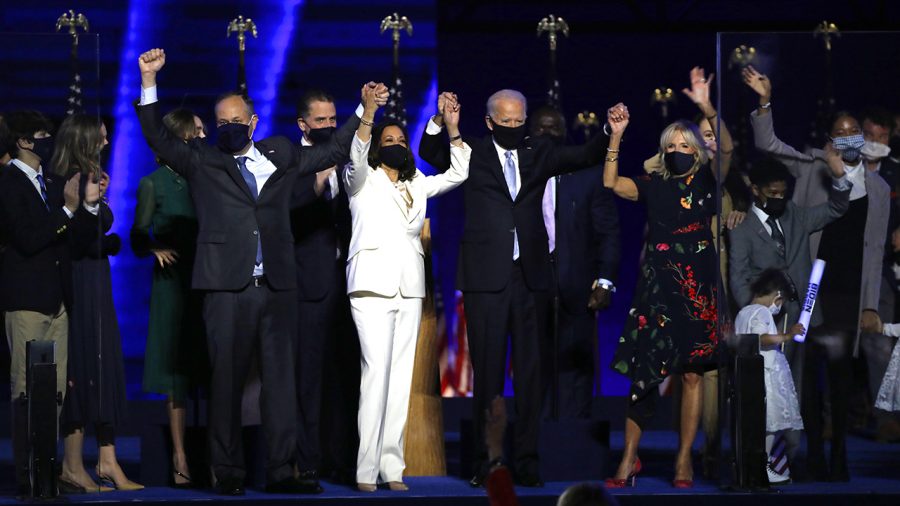 President-elect Joe Biden and Vice-President-elect Kamal Harris address their supporters at Chase Center in Wilmington, DE, on Nov, 7, 2020 after being named the winners. Joining him is his wife, Jill Biden, Vice-President elect Kamala Harris, and her husband, Doug Emhoff. 