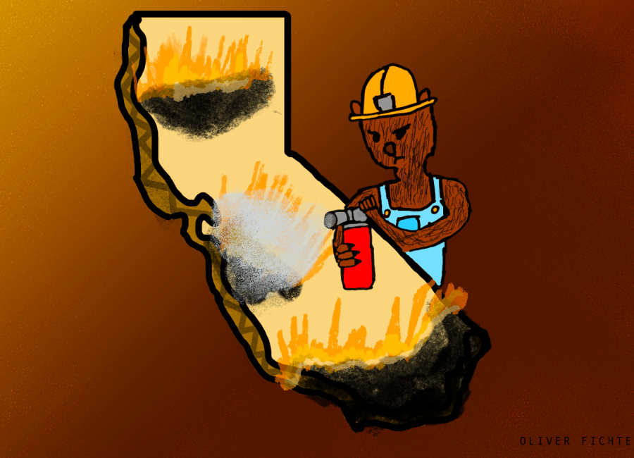A cartoon depicts the dangerous conditions of the California Wildfires, which have been getting worse and worse in the last couple of years.