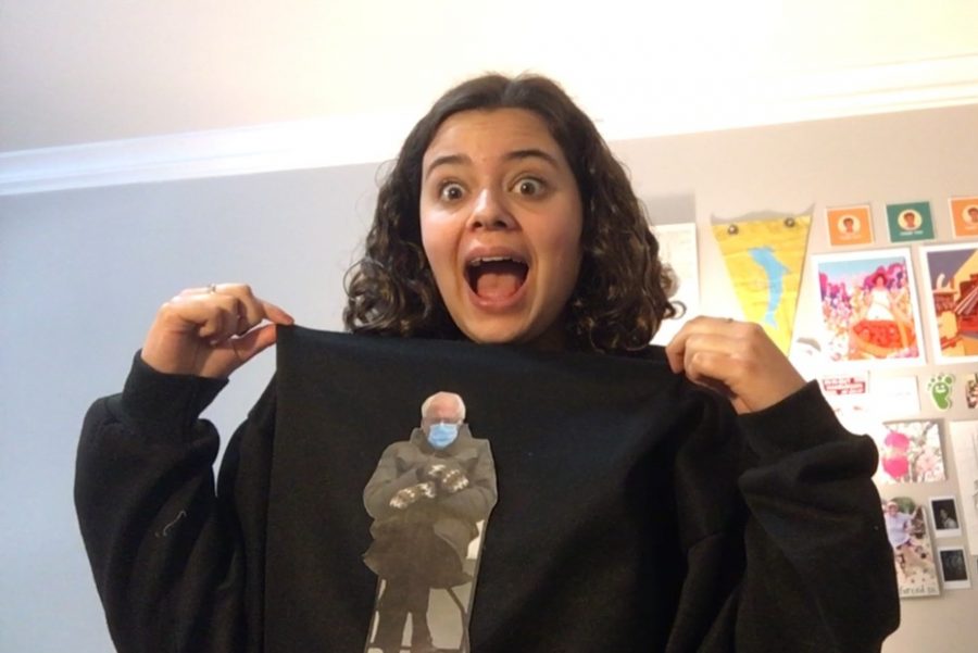 Noe Foehr shows off her Bernie Sanders inspired crewneck, donning his famous Inauguration Day pose.