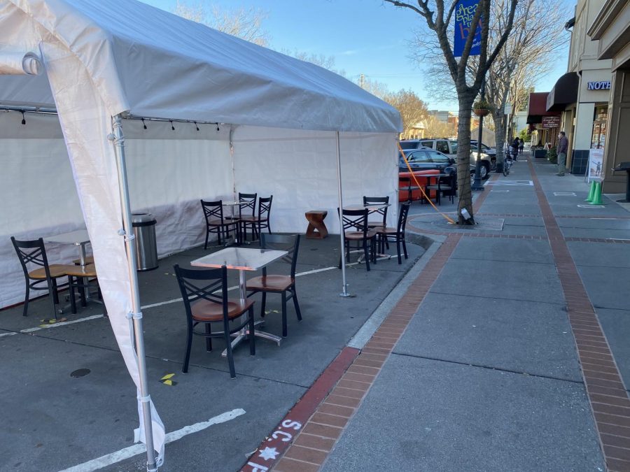 In San Carlos, parts of streets are being taken up by tables and chairs to provide outdoor dining for restaurants. 