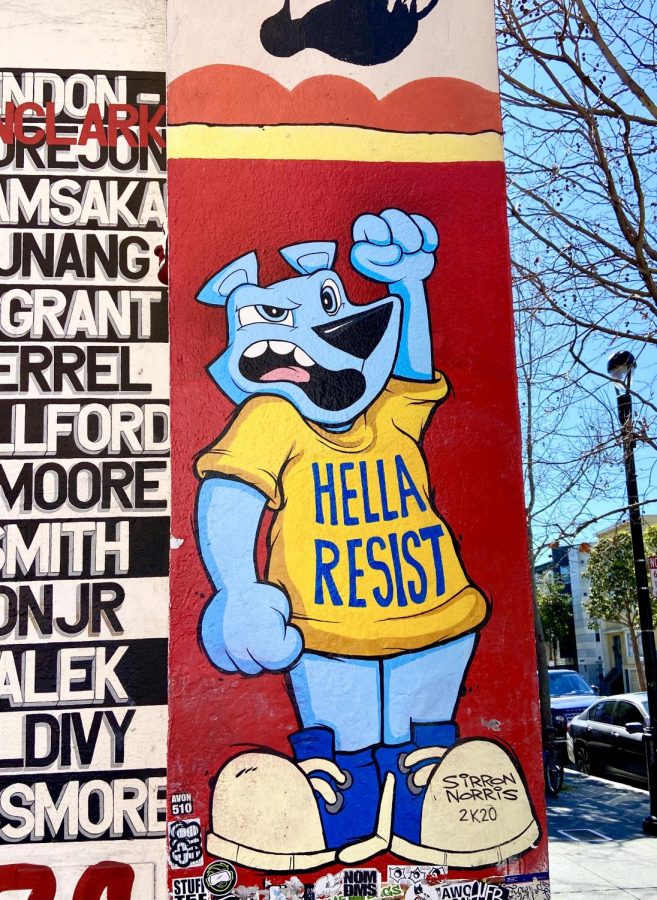 Painted by artist Simon Norris, the Hella Resist mural depicts the importance of advocating against injustices. This mural is located at Clarion Alley in San Francisco, Calif. 