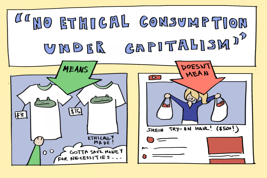 The phrase No ethical consumption under capitalism has been thrown around to describe consumer decisions in a capitalist society. Though it holds many truths, many are using the phrase to defend excessive and unnecessary purchases from fast fashion brands.  