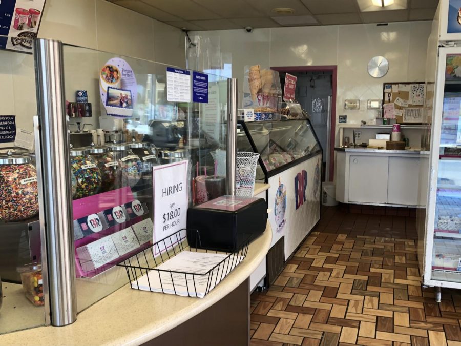 In San Carlos, a local Baskin-Robbins advertises wages set at $18 per hour as the summer months begin.