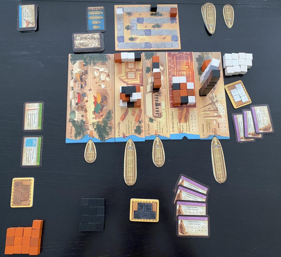By the end of a game of Imhotep, each players stones have helped build a pyramid, temple, burial chamber, and obelisks.