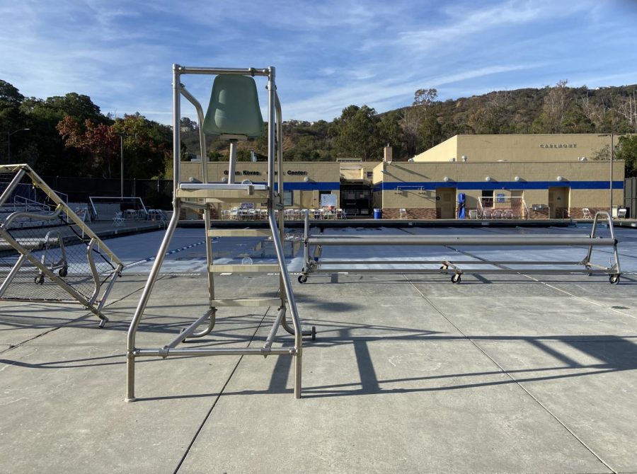 Carlmonts pool is left empty after the JV boys water polo game was canceled due to a COVID-19 case.