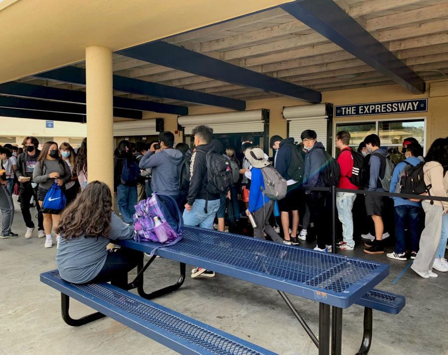 Dozens of students wait in line to receive their lunches.