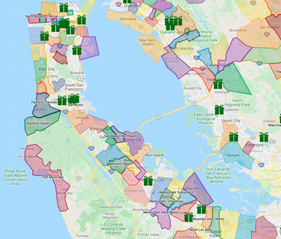 A map is split into colored regions to represent the multitude of Buy Nothing communities within the Bay Area.