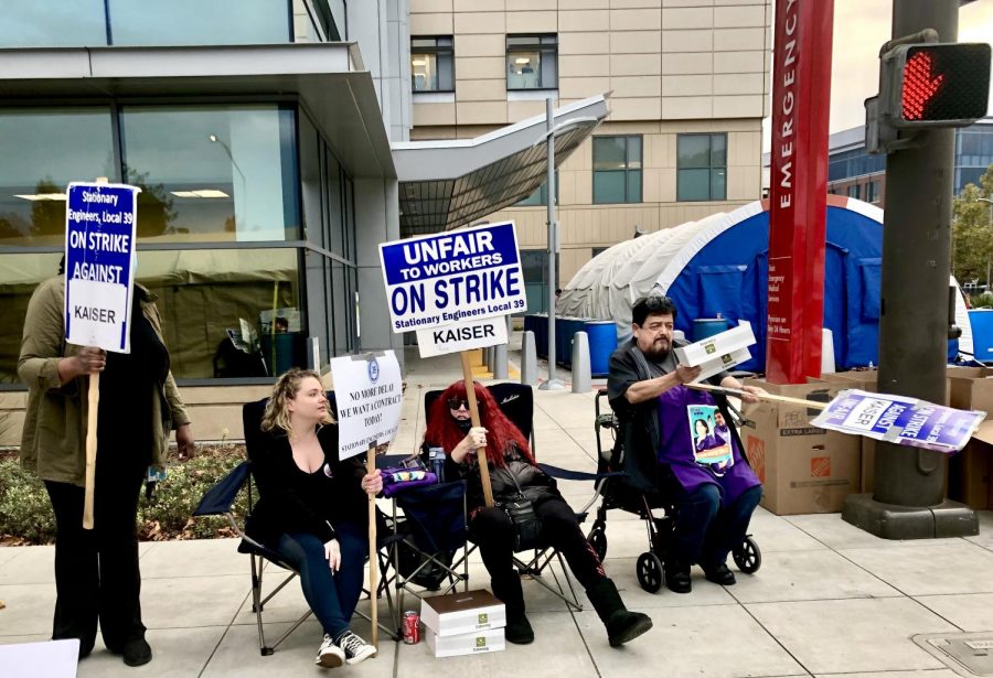 Members+of+Local+39+and+medical+assistants+gather+in+front+of+Kaiser+to+protest+against+unfair+wages.