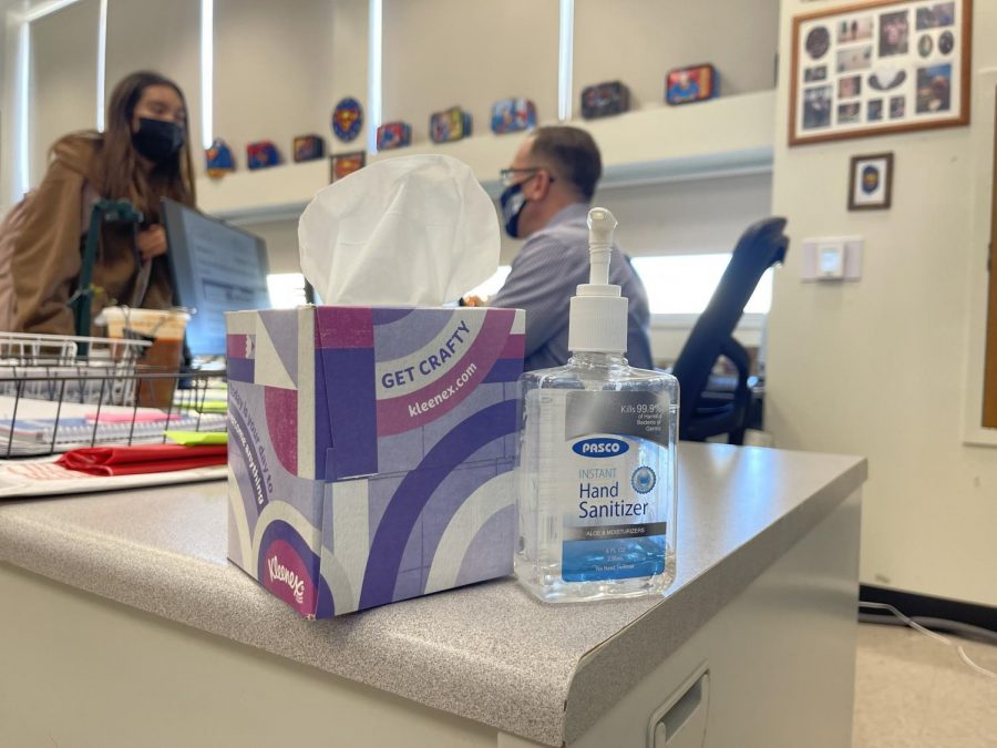 Mr. Donnelly, a geometry teacher, provides tissues and hand sanitizer for sick students. I have students sniffling and coughing so I put it out for them, Donnelly said.
