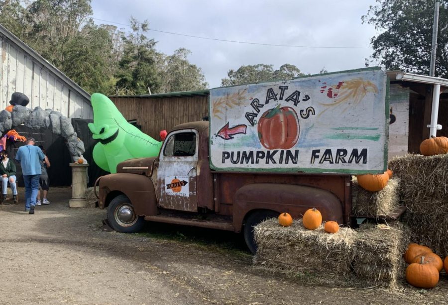 Aratas Pumpkin Farm truck just outside the historic barn, described as crucial to getting the full Arata experience, by visitor Shane Greenfeld.