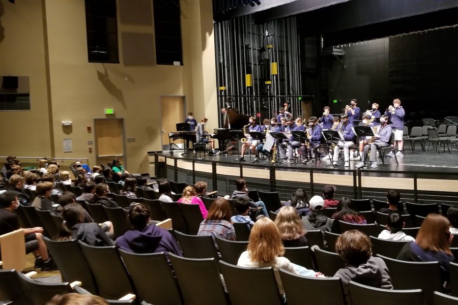 The Carlmont Jazz Ensemble follows the Symphony Orchestra in an exclusive concert for music students from Tierra Linda Middle School in the performing arts center.