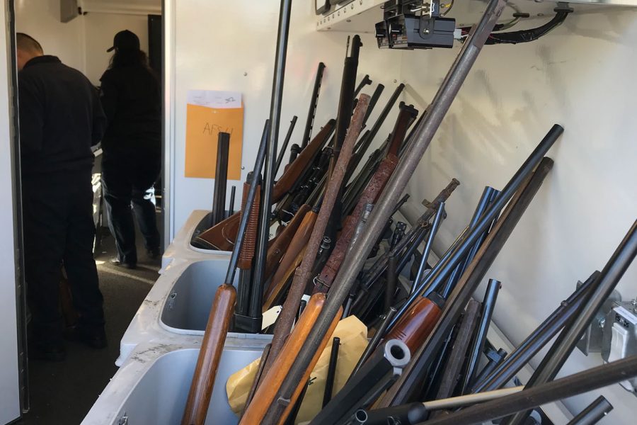 After the guns are collected, they are put into various bins, as shown from the last buyback from 2019. Danielle Lacampagne explained what the police department does with the collected firearms. The Sheriffs Office process them and have to log them, but they dont trace them to anyone, Lacampagne said. In the end, they all get destroyed, and essentially melted down.