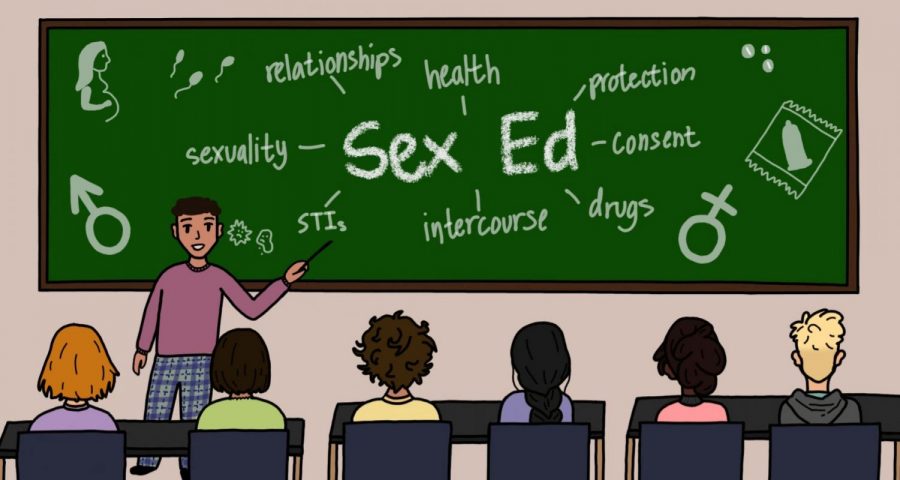 Students learn about various topics during sex education besides just sex; the chalkboard includes some of these topics. “This is not just about sex. In fact, one of the things that we dont like is that its called sex education, because then people just think, ‘Oh, its just about sex.’ [...] I think then it just becomes almost stigmatized,” said Perryn Reis, the associate director of Health Connected.