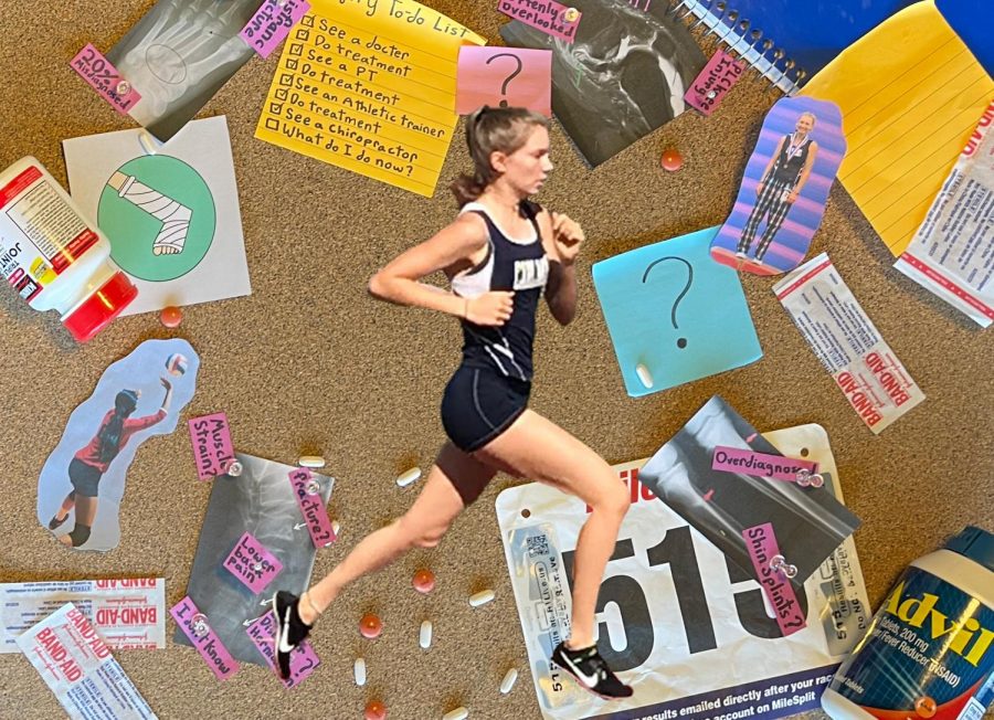A photo illustration featuring Sabrina Jackson in the center and the right and Sofia Cueva on the left that portrays different elements of chronic injury confusion in student-athletes.