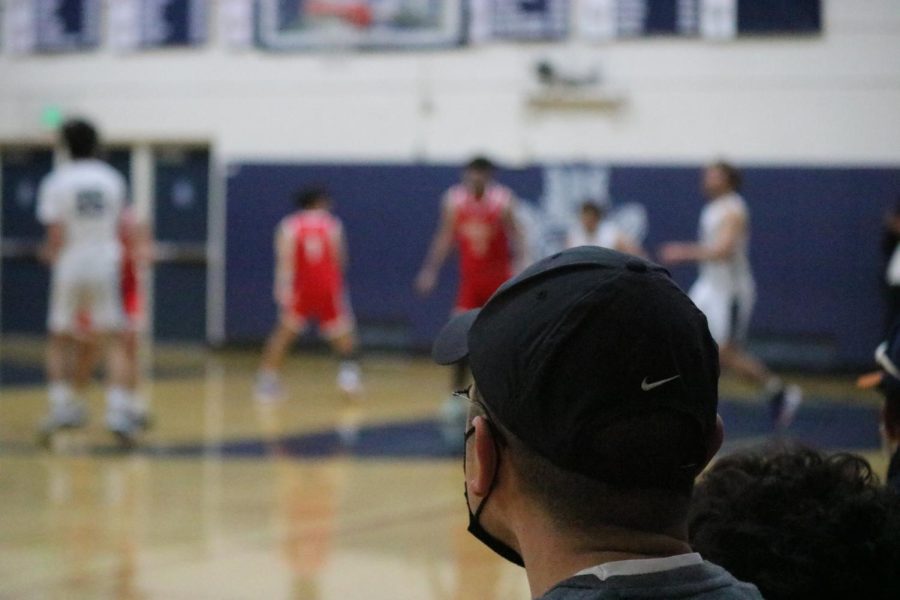 A fan watches the game from a courtside seat.
