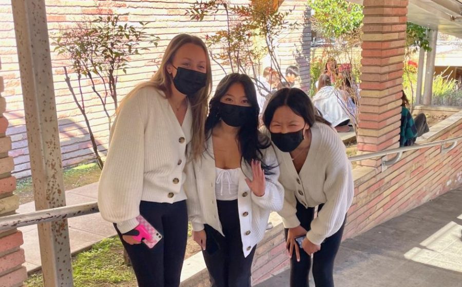 Ava Farrell, Makayla Miller, and Kacy Wang match to participate in Twin Day and show their school spirit. I think spirit days give students something to look forward too, Farrell said.