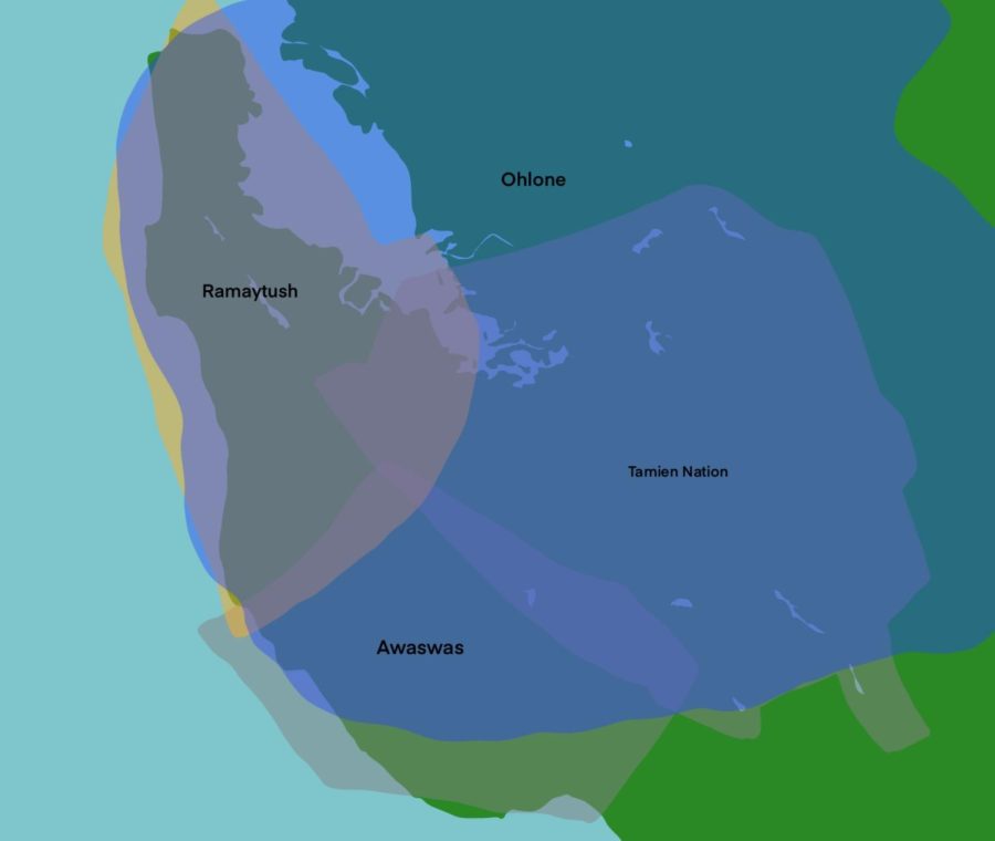 This map outlines the territory of the Ramaytush Ohlone and surrounding tribes (via Native Land Digital).
