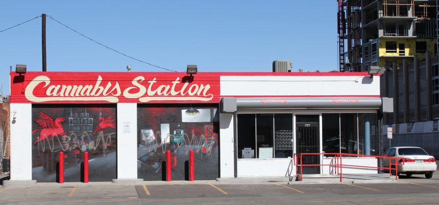 Cannabis Station, a medical marijuana dispensary, is located at the site of a former gas station at 20th Avenue and Lawrence Street in Denver, Colorado.