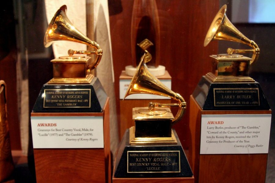 Grammy Statuettes displayed at the Country Music Hall of Fame in Nashville, Tennessee.
