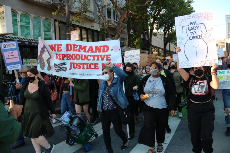 Protestors march through the streets of San Francisco.