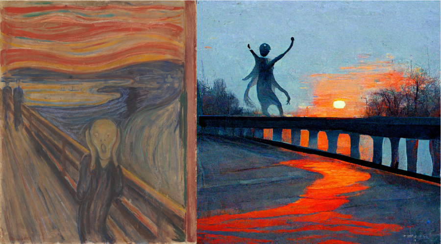 Left: Edvard Munchs The Scream. Right: An image generated by the artificial intelligence program Midjourney in response to the prompt, screaming figure on a bridge in front of a sunset.
