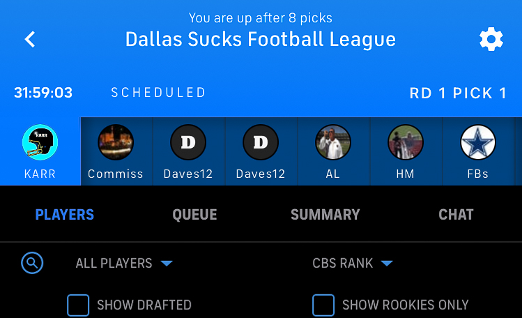 The homepage of the upcoming draft for a fantasy football league. 