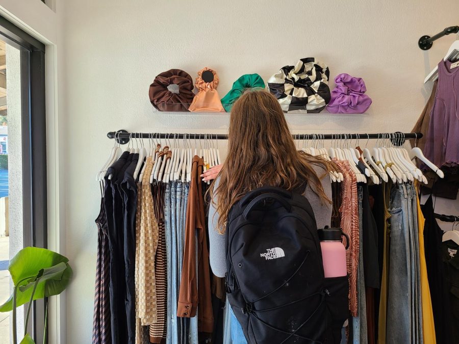 A student browses through a rack of clothes,
deciding what to buy for the fall season.