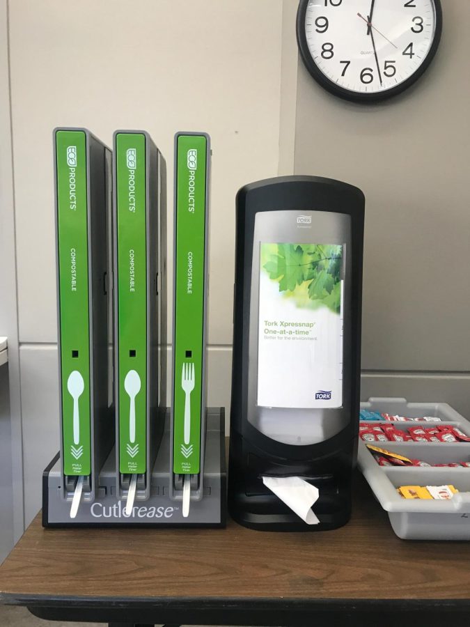 Compostable spoons and forks in the student union, available to all students for their lunch