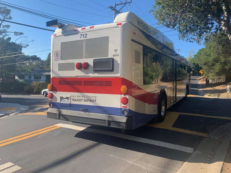 SamTrans 62 bus leaves stop and continues to drop students off in residential Belmont. The route is created by SamTrans with the purpose of transporting students, and adjusts is schedule as needed to that of Carlmonts. It runs both in the morning and afternoon. 