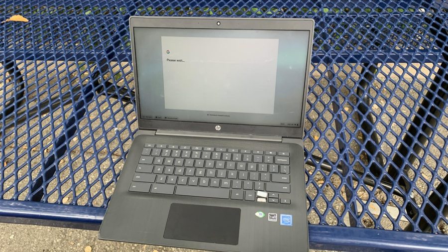 A school Chromebook at Carlmont that has a damaged keyboard. A student unfortunately broke the down arrow key on this chromebook and will have to return the Chromebook.