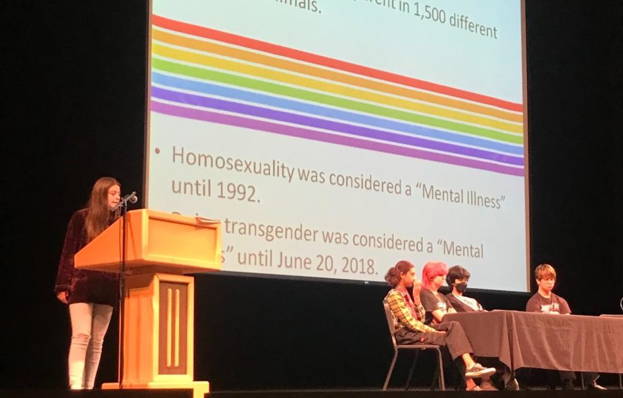 Carlmont student Emma Mulders presents to the freshmen class on the topic of LGBTQ+.
