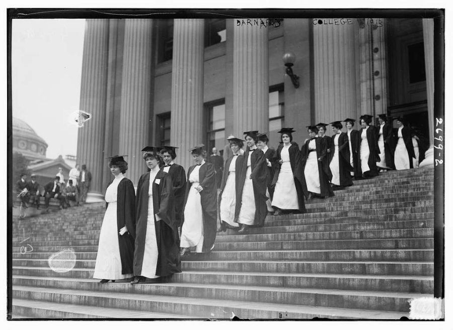 A class of Barnard students walks across campus in 1913.