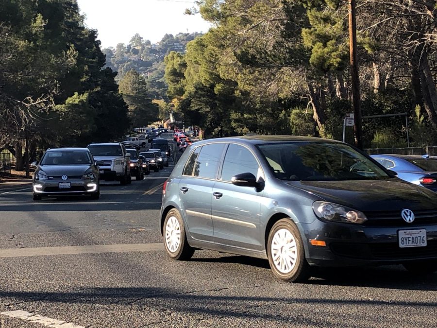 As the school day ends at Carlmont, traffic surrounding the school is backed up with both student and parent drivers alike.