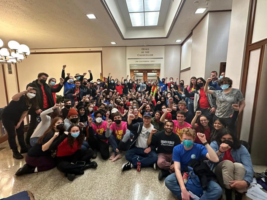 Strikers occupy the Chancellor’s office building at Berkeley. 