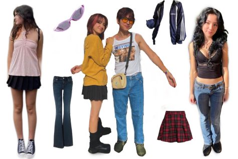 (From left to right) Sonia Freedman, a junior at Menlo Atherton High School, Elisa Lou-Wimmer, a junior at Carlmont High School, Marcus Quinn, a sophomore at Nueva High School, and Aimee Barriga-Rojas, a junior at Carlmont High School, wear trending outfits that showcase features of 90s fashion. 