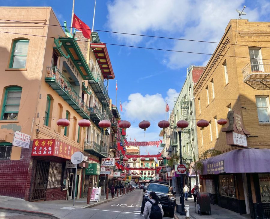 Outside view of Chinatown along the street in front of the Clarion Performing Arts in San Francisco, where the Save Cantonese at City College of San Francisco celebration took place.