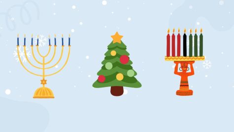 The three main symbols for the winter holidays of Hanukkah, Christmas, and Kwanzaa.