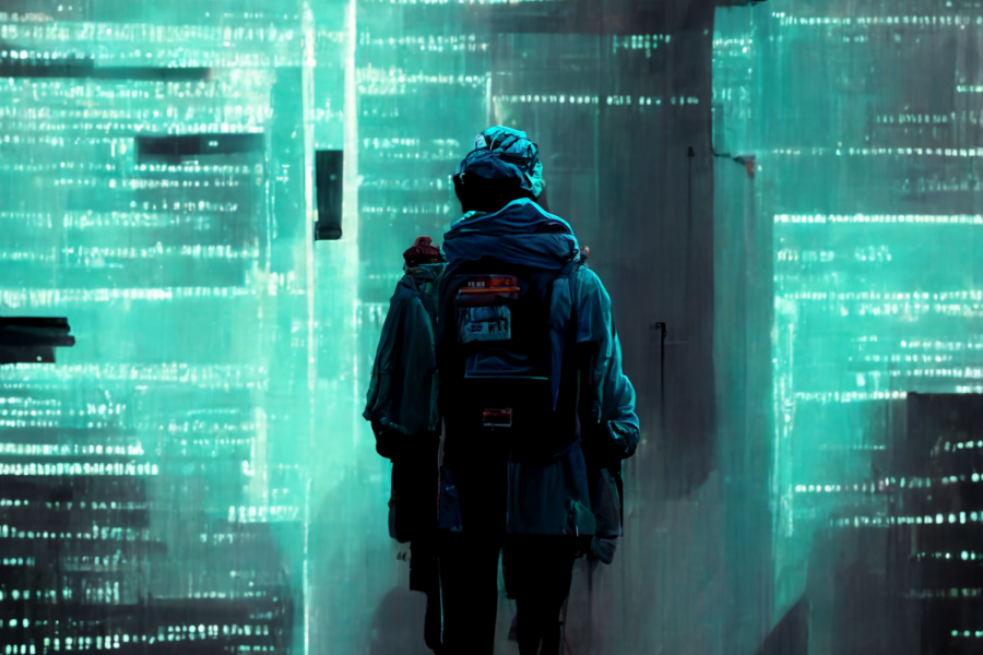 Hacker looking into camera with a wall of code behind them / Wyatt Price / Midjourney / Originally Created with AI.