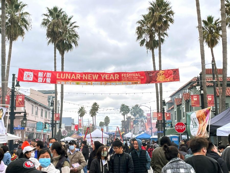 A crowd of people stroll through the Lunar New Year festival organized by the Millbrae Cultural Committee. This festival is just one of the celebrations that occurred for Lunar New Years first year being celebrated as a state holiday.