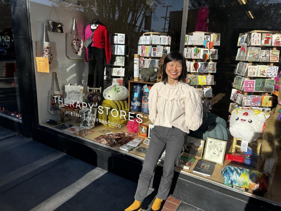 Founder and CEO of Therapy Stores Jing Chen stands in front of the newest location in San Carlos.