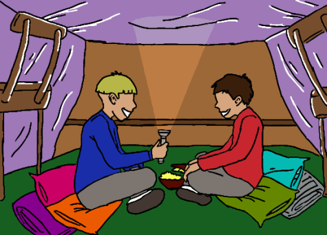Two boys telling stories in a fort.