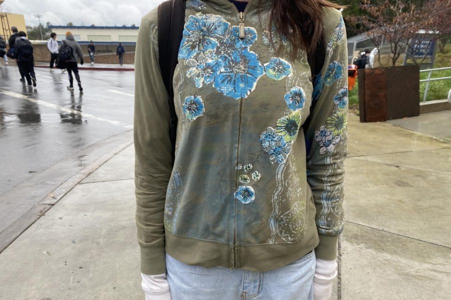 A Carlmont student wearing colorful spring-like floral attire. 