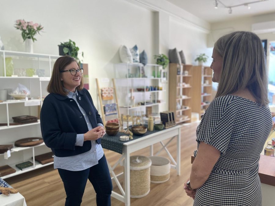 Tina Gattey speaks with owner Angela Kalayjian in Lark, a small shop on Laurel Street that features products of local artists and artisans. 