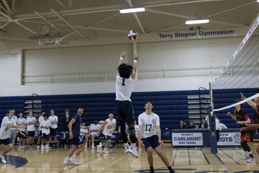 Junior setter Simon Hua sets the ball to middle hitter Kevin Tomita.