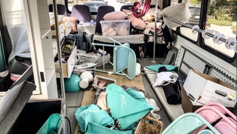 The interior of BACCs mobile care bus after it was found by San Mateo Police. Damages include a broken emergency hatch, broken ignition, stolen wigs, prosthetics, comfort supplies, and the catalytic converter.