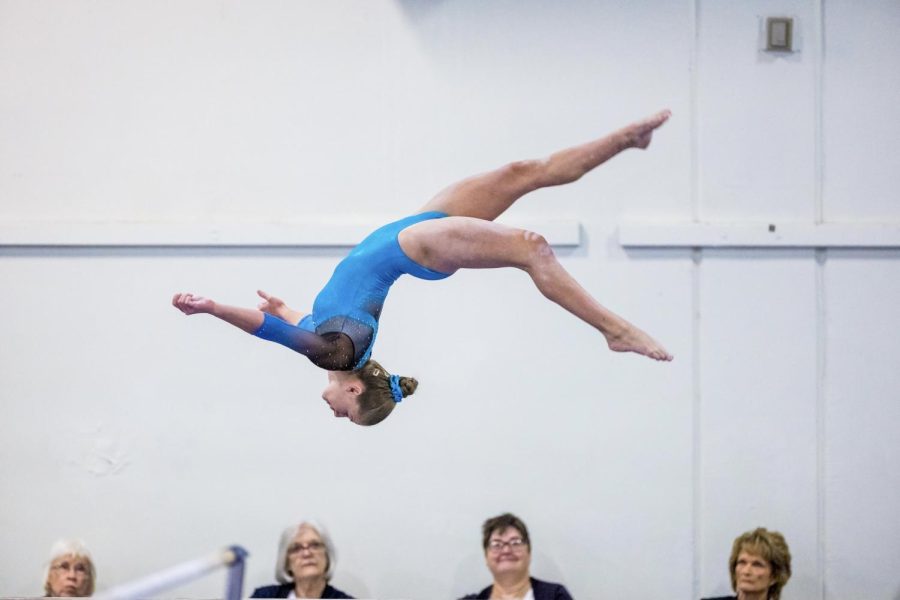 Bryce Kupbens completes a layout step out on beam at the Level Nine Gymnastics Regionals. “I genuinely love this sport. Theres something about doing scary skills which is so fun, learning new ones are so exciting and just everything about it is really fun for me,” Kupbens said.